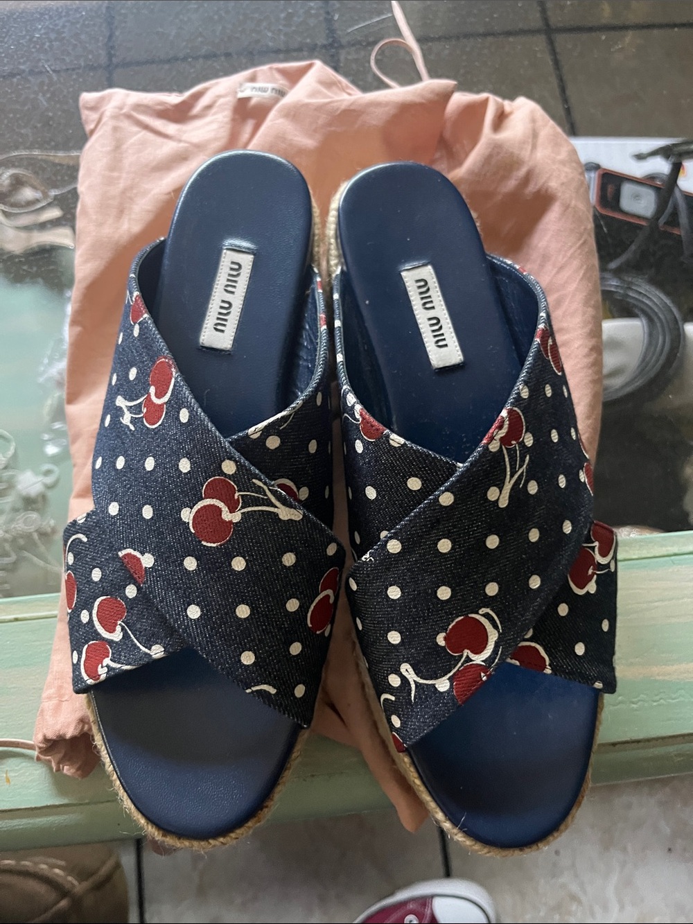 Miu Miu Navy Cherry Polka Dot Crisscross Espadrille Slides